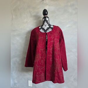Ulla Popken Women Jacket Tunic 32/34 Burgundy Embroidered Fall Hook Down Cotton